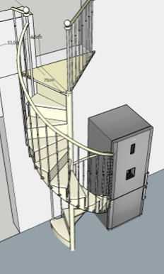 Vue en 3d d'un Escalier en Colimaçon en pin fabriqué en France